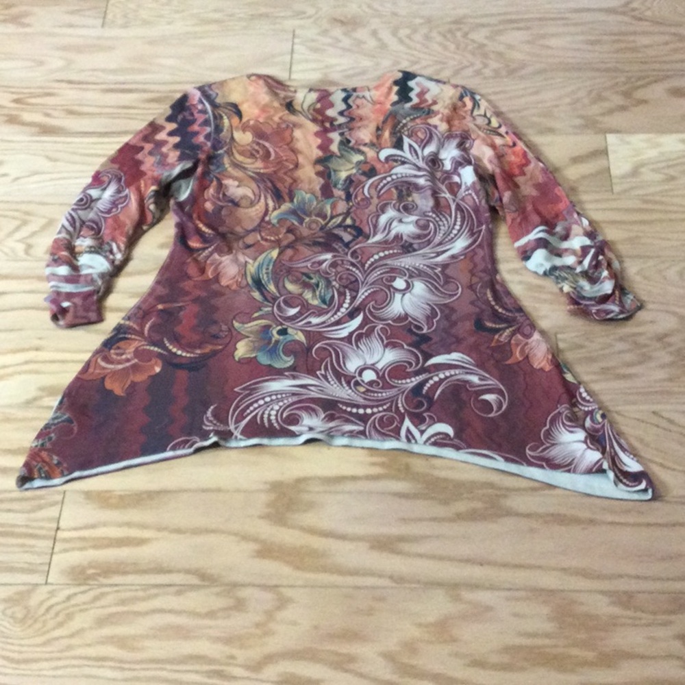 NWT L Roz & Ali Multicolor Floral-Print Long Sleeve Sharkbite Tunic - Rust - Picture 4 of 16